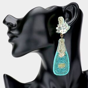 Champagne Bottle Teal Blue Seed Bead Earrings